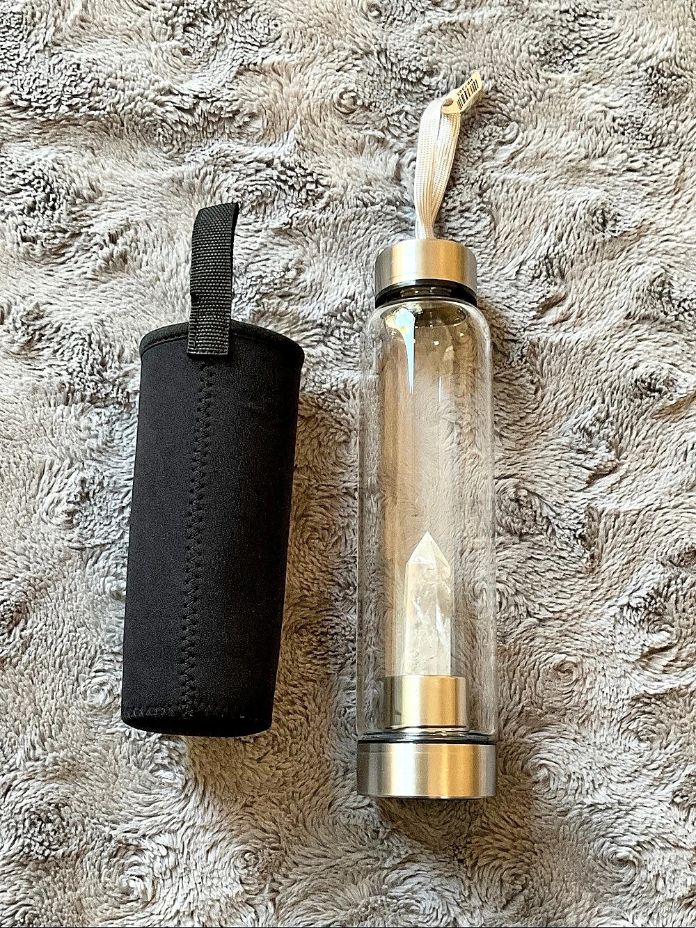 Clear Quartz Crystal Point Glass Water Bottle Clear Silver